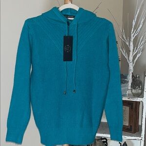 NWT S. Christina S/M 100% Cashmere Teal Blue Drawstring Hooded Sweater